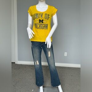 UofM Shirt and Flare Blue Wide Leg Jeans with Distressed Accents
